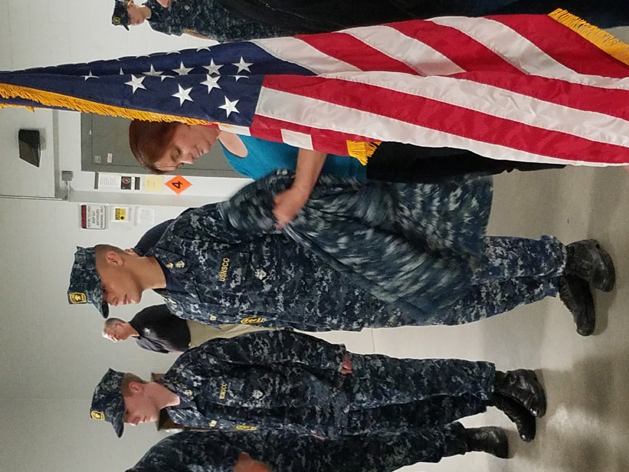 Donation and ceremony of US Parade Flag to Sea Cadets. Ed Baker, Commander Perkins, and others.