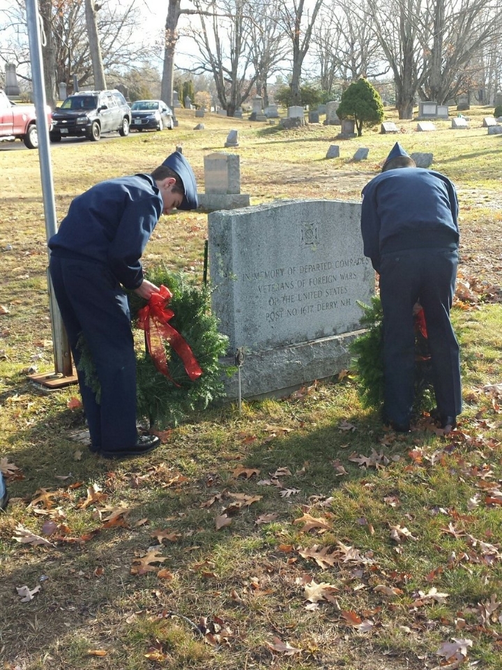 AFJROTC Cadets place the wreaths at VFW Lower Memorial at Forrest Hills Cemetery.