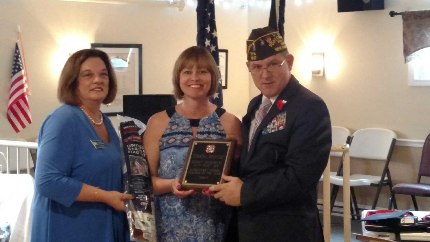 Corinna Boisvert receiving her Post Level Award. She also won at District 7 and Dept of NH VFW for Elementary Teacher of the Year.